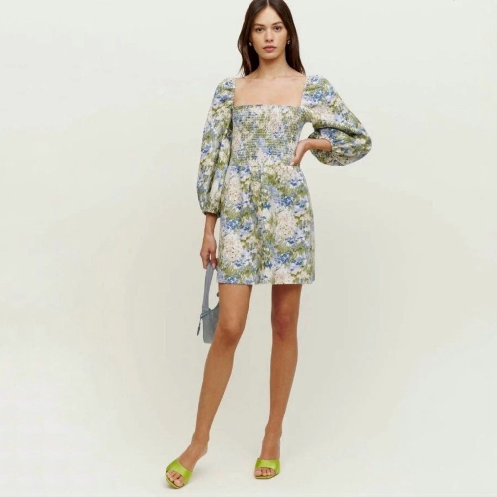 Reformation Greyson Linen Mini Dress in Green Hillside Floral Size XL